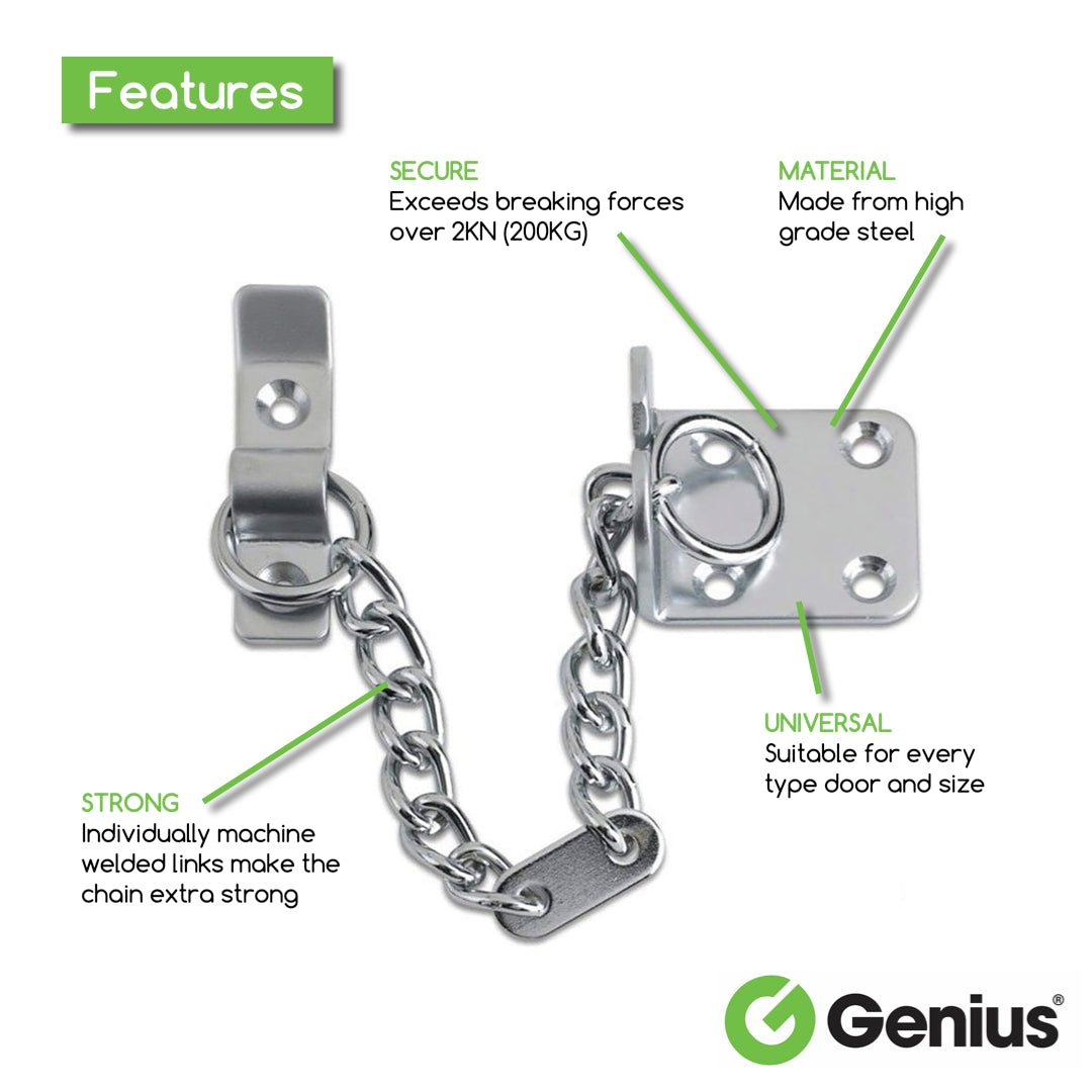 Genius® Door Chain, Narrow Design Door Limiter, External and Internal Door Restrictor for Wooden and UPVC Doors, Additional Front Door Security