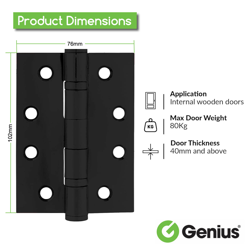 Genius® 4 Inch (100mm) Matt Black Heavy Duty Ball Bearing Hinges Stainless Steel Door Hinge for Wooden Doors (1 Pair)