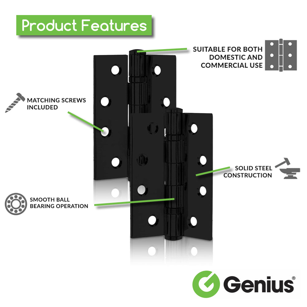 Genius® 4 Inch (100mm) Matt Black Heavy Duty Ball Bearing Hinges Stainless Steel Door Hinge for Wooden Doors (1 Pair)