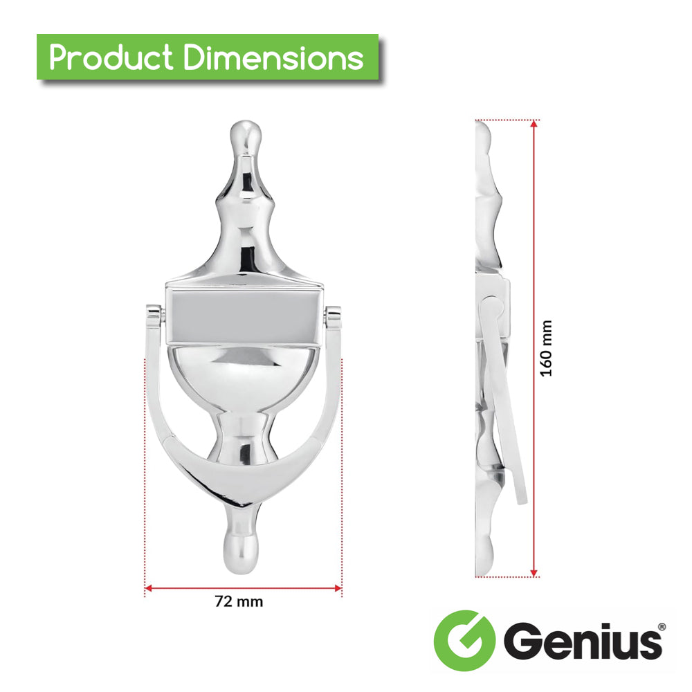 Genius® Door Knocker Polished Chrome, Victorian Urn Door Knockers for Front Door, Elegant Front Door Furniture with a Classic Period Design