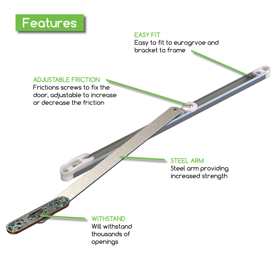 Genius UPVC Door Restrictor Stay 335mm for uPVC, Aluminium, French, Patio Door, 90 Degree Arm Door Stay Stainless Steel