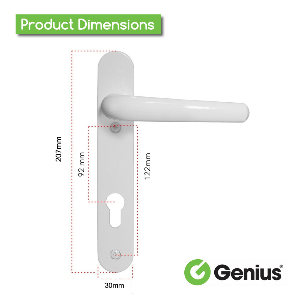 Genius® Upvc Door Handle Set, White Sprung Lever/Lever, 92mm PZ Centres, 122mm Screw Centres, 207mm x 30mm Backplate