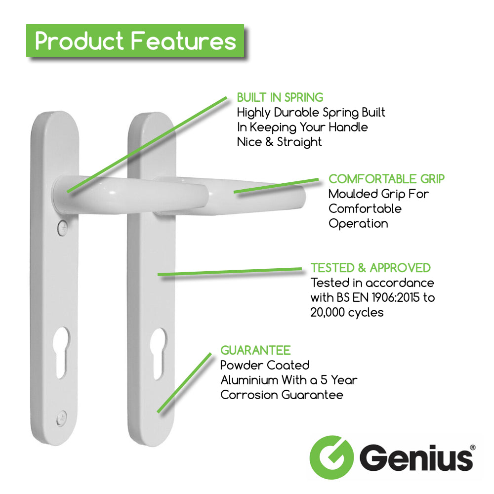 Genius® Upvc Door Handle Set, White Sprung Lever/Lever, 92mm PZ Centres, 122mm Screw Centres, 207mm x 30mm Backplate