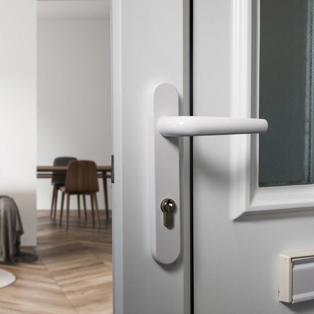 Genius® Upvc Door Handle Set, White Sprung Lever/Lever, 92mm PZ Centres, 122mm Screw Centres, 207mm x 30mm Backplate