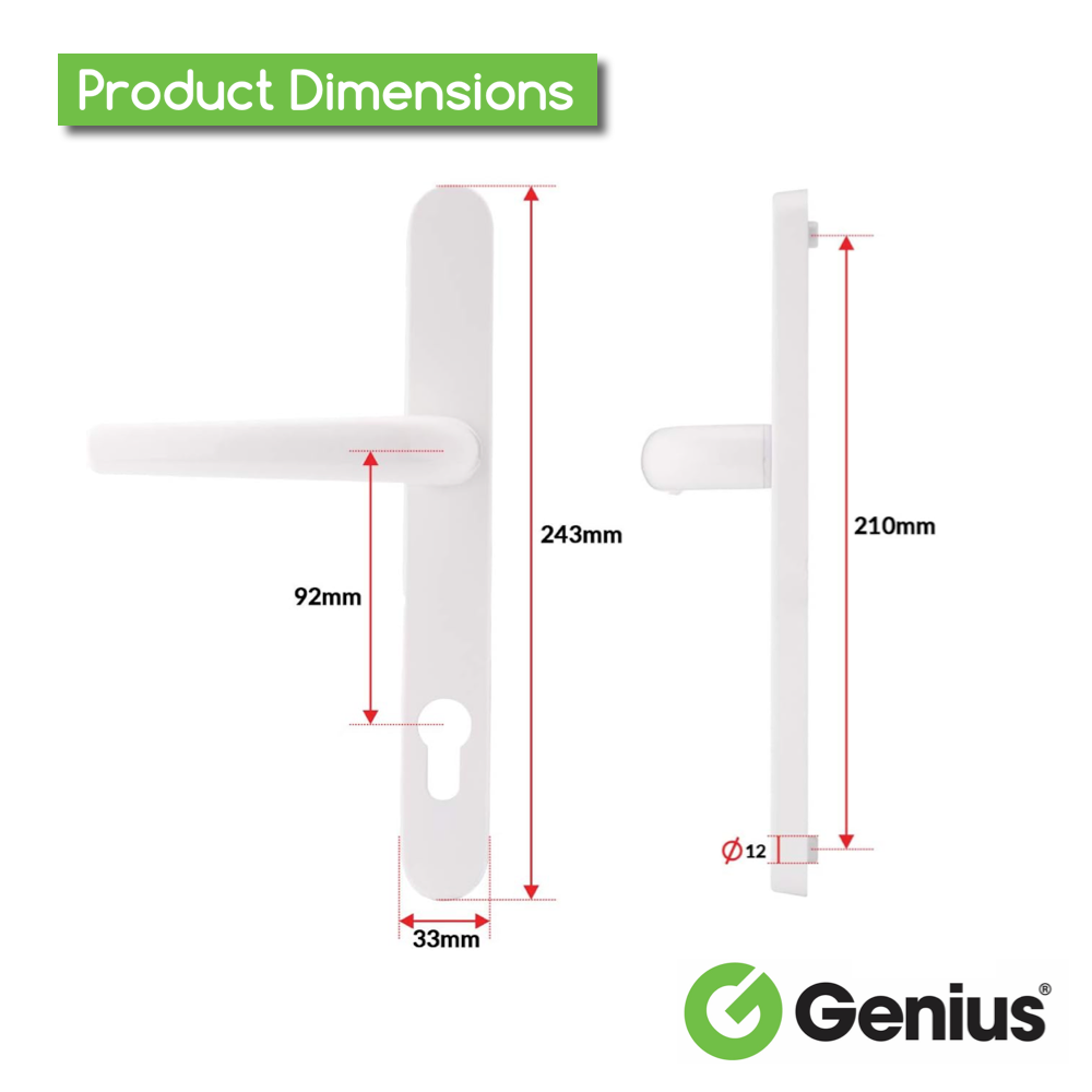 Genius® Upvc Door Handle Set White Sprung Lever/Lever - 92mm PZ Centres - 210mm Screw Centres - 243mm x 33mm Backplate