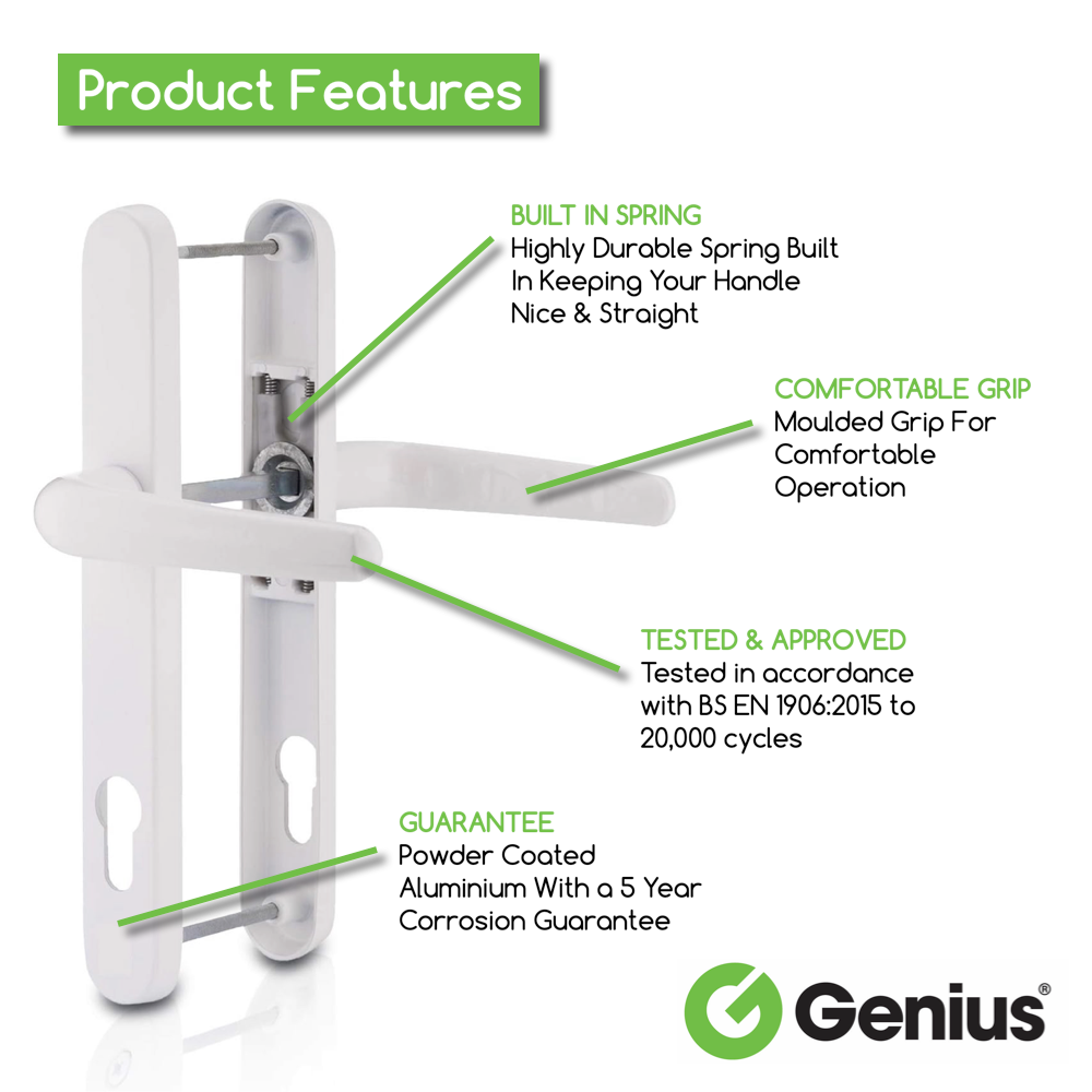 Genius® Upvc Door Handle Set White Sprung Lever/Lever - 92mm PZ Centres - 210mm Screw Centres - 243mm x 33mm Backplate