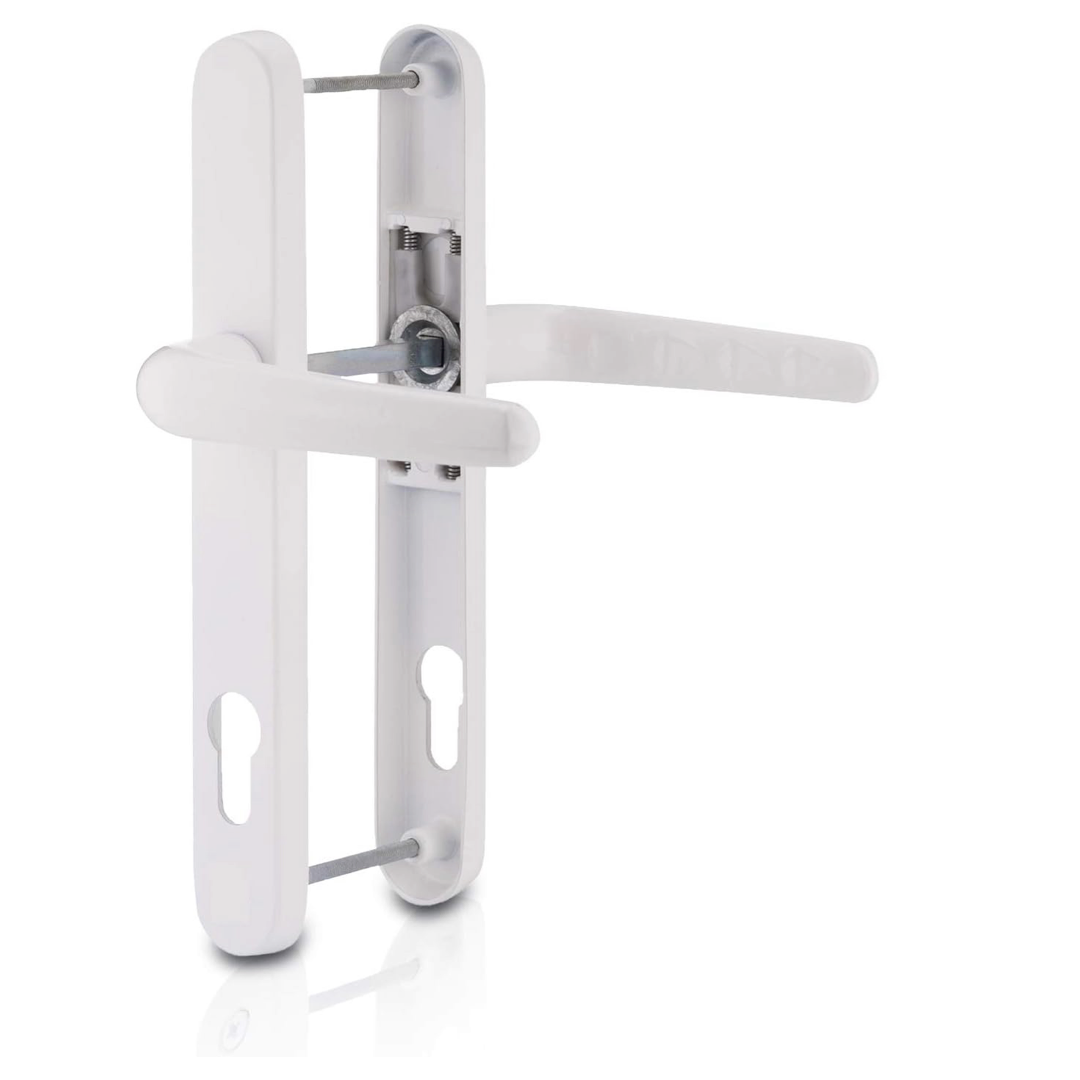 Genius® Upvc Door Handle Set White Sprung Lever/Lever - 92mm PZ Centres - 210mm Screw Centres - 243mm x 33mm Backplate