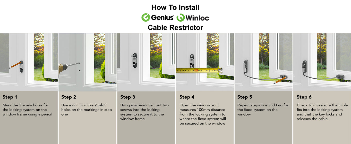 Genius® Winloc Key Locking Cable Window Restrictor in White, Durable Window Safety Lock for Child Safety and Window Security