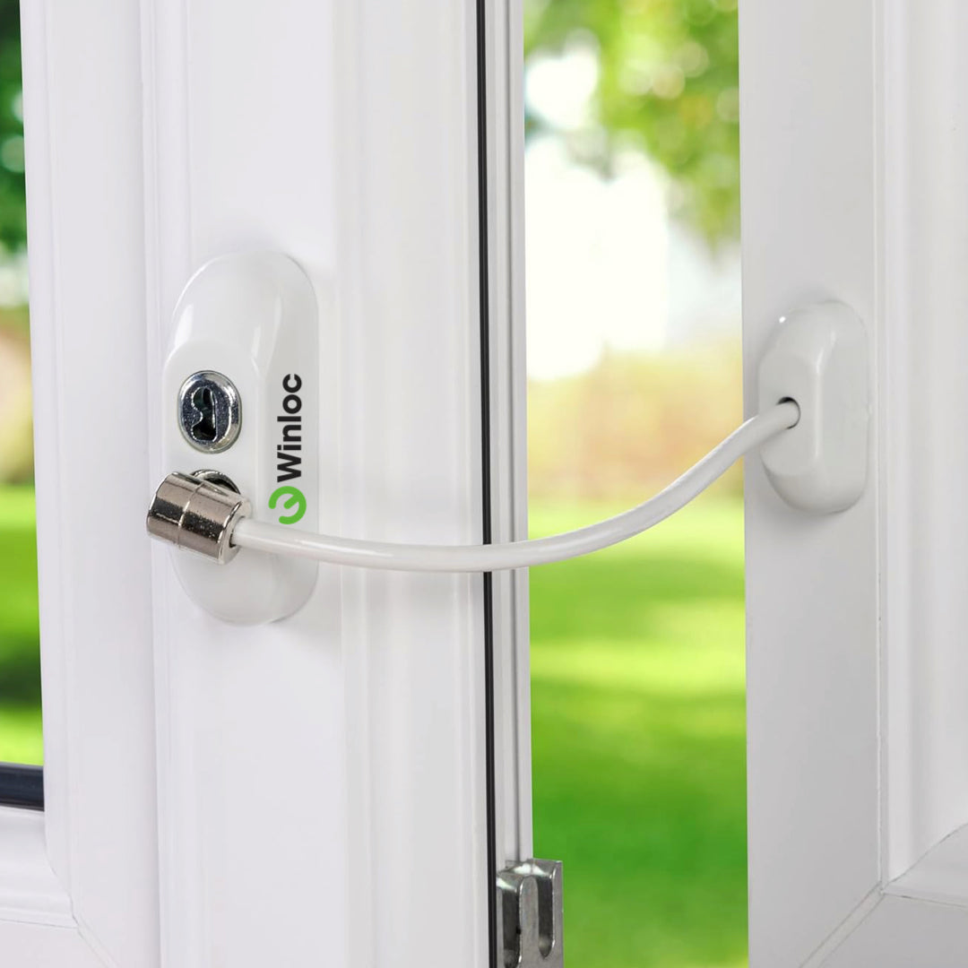 Genius® Winloc Key Locking Cable Window Restrictor in White, Durable Window Safety Lock for Child Safety and Window Security