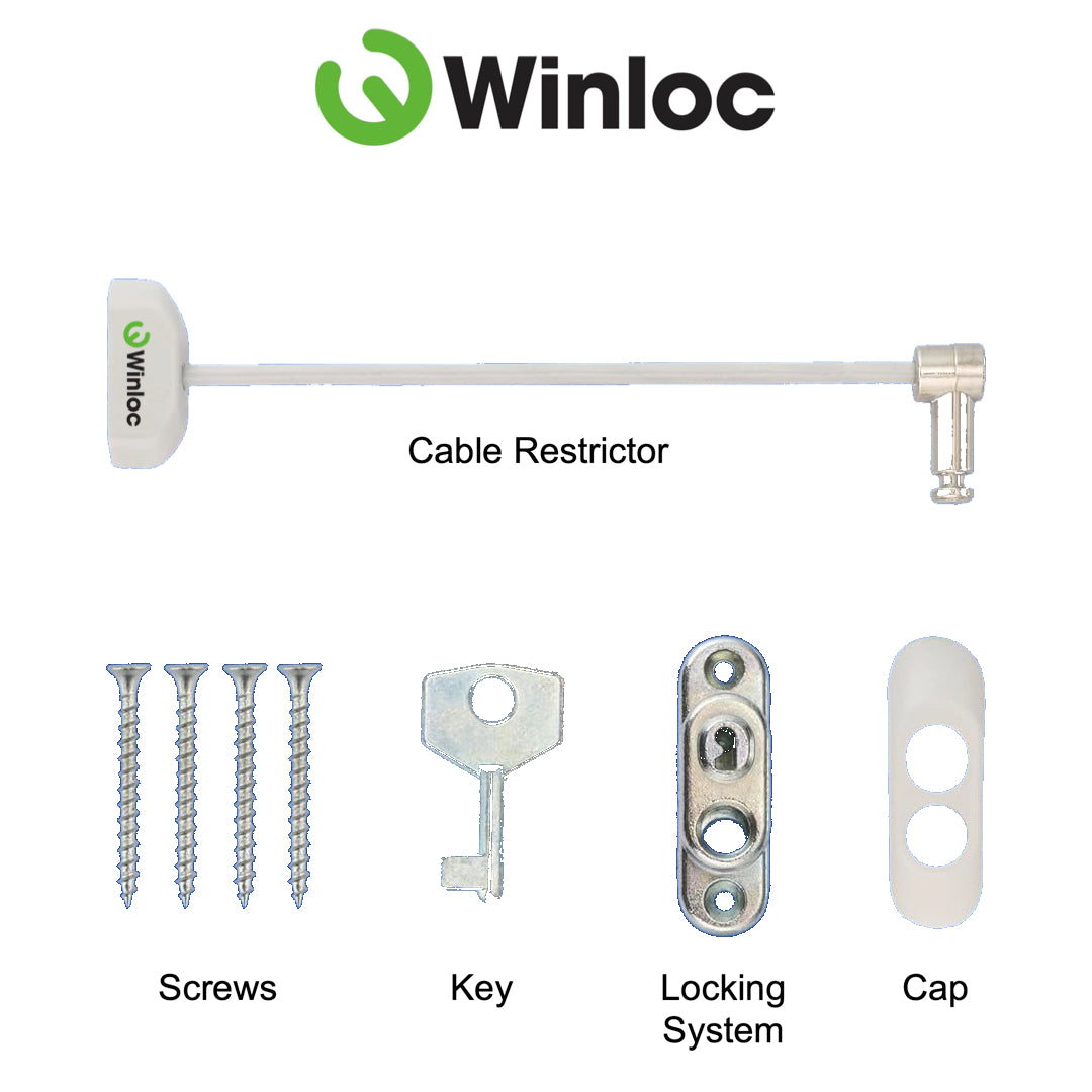 Genius® Winloc Key Locking Cable Window Restrictor in White, Durable Window Safety Lock for Child Safety and Window Security