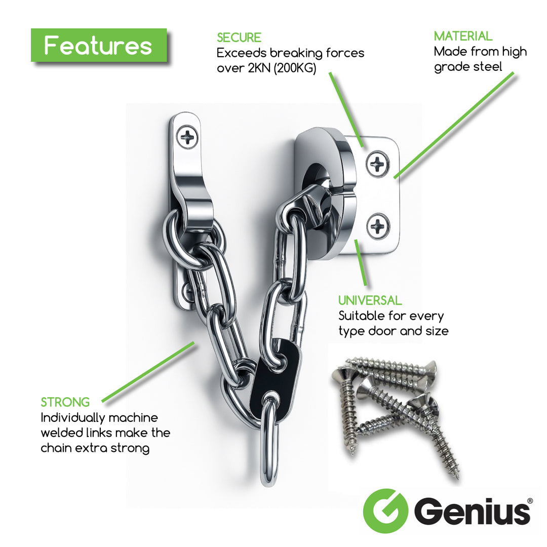 Genius® Door Chain, Narrow Design Door Limiter, External and Internal Door Restrictor for Wooden and UPVC Doors, Additional Front Door Security